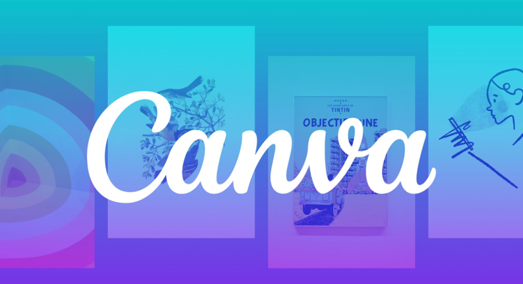 Logo de l'outil Canva superposé à des exemples de créations