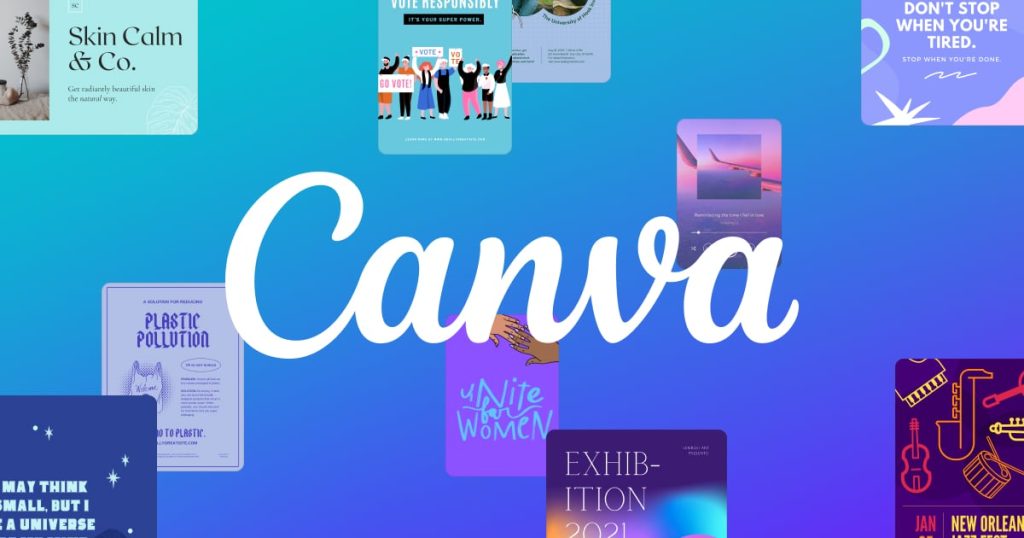 Logo de l'outil Canva superposé à des exemples de créations