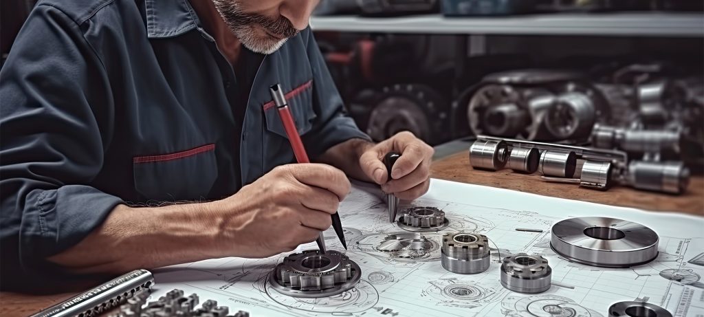 Un homme dessine à l'aide d'un rapporteur d'angle sur une table à dessin industrielle