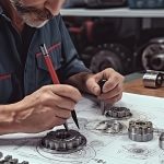 Un homme dessine à l'aide d'un rapporteur d'angle sur une table à dessin industrielle