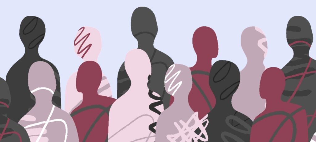 Silhouettes de plusieurs personnes de couleurs différentes ayant toutes une différence